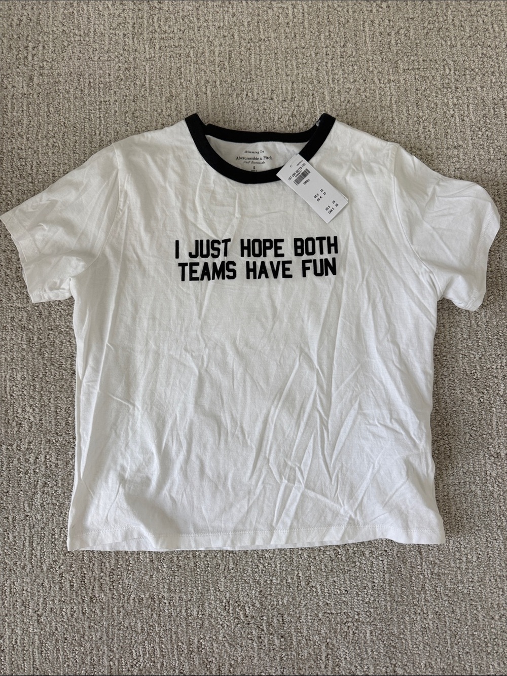 Abercrombie & Fitch “I Just Hope Both Teams Have Fun” Cropped White Tee